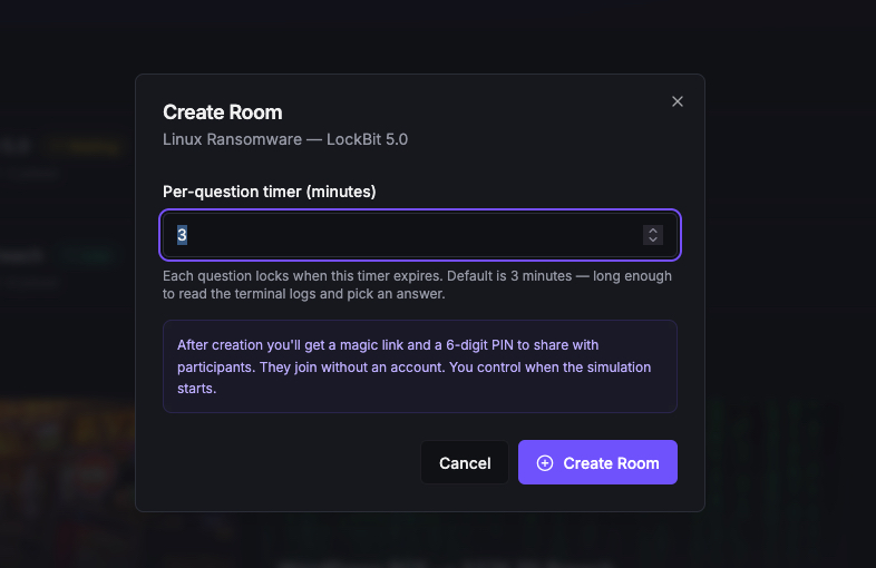 Create Room dialog with timer configuration
