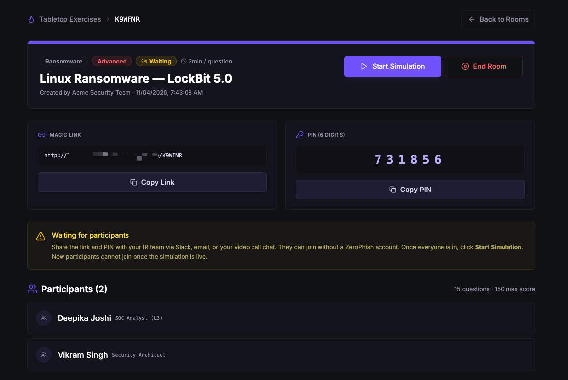 Facilitator dashboard showing magic link, PIN, and waiting participants